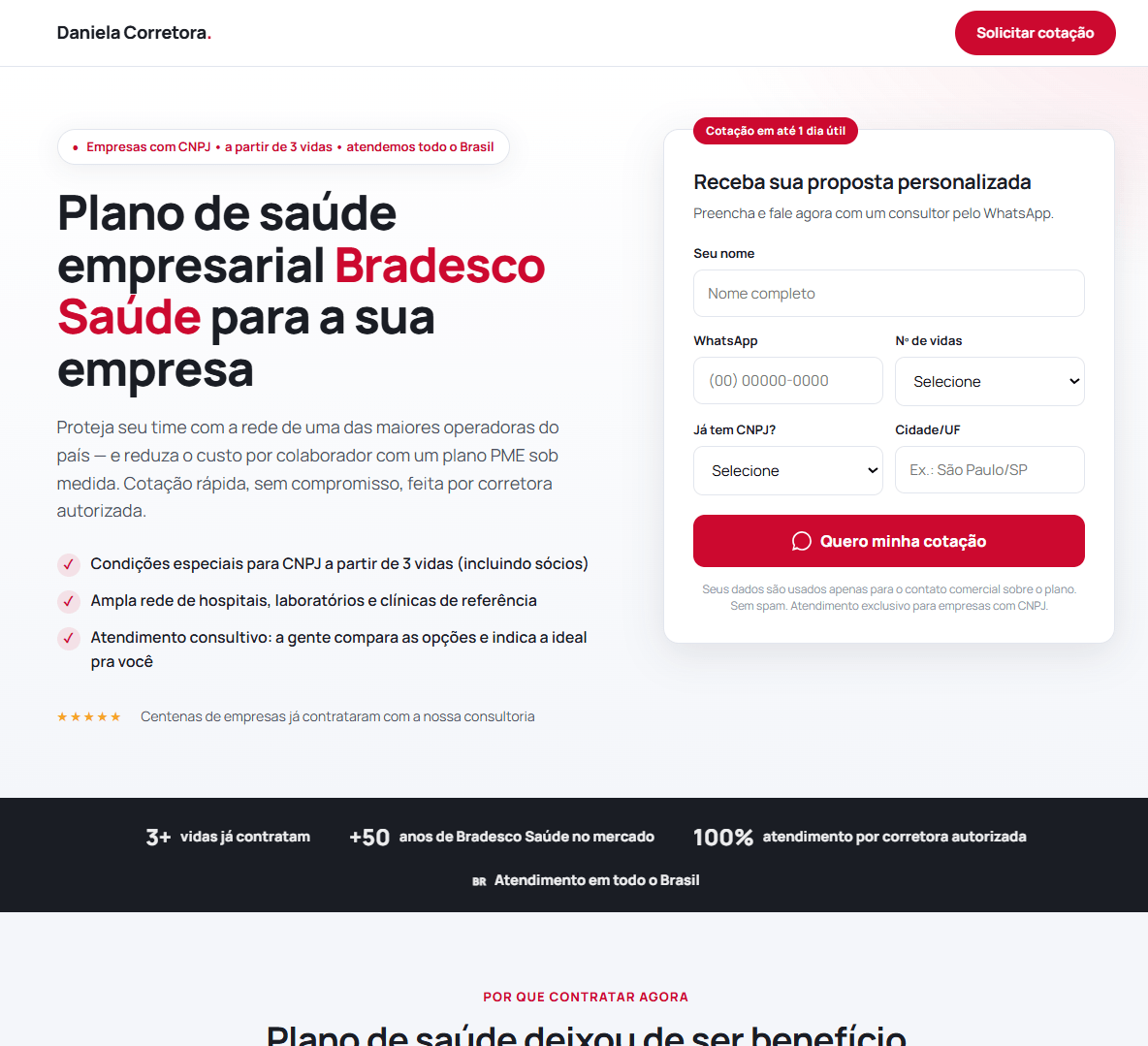Landing page de plano de saúde empresarial Bradesco Saúde